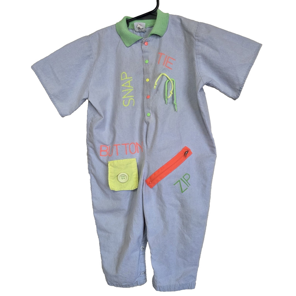 Buster Brown Jumpsuit Baby 24 Months Neon Accents Coverall Light Blue VTG 80s